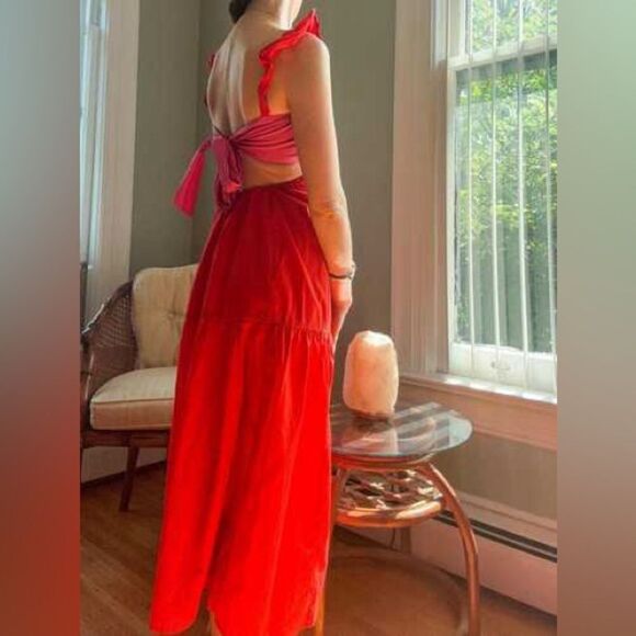 Topshop red/pink poplin maxi dress sundress with bow size 8 EUC - Picture 2 of 5